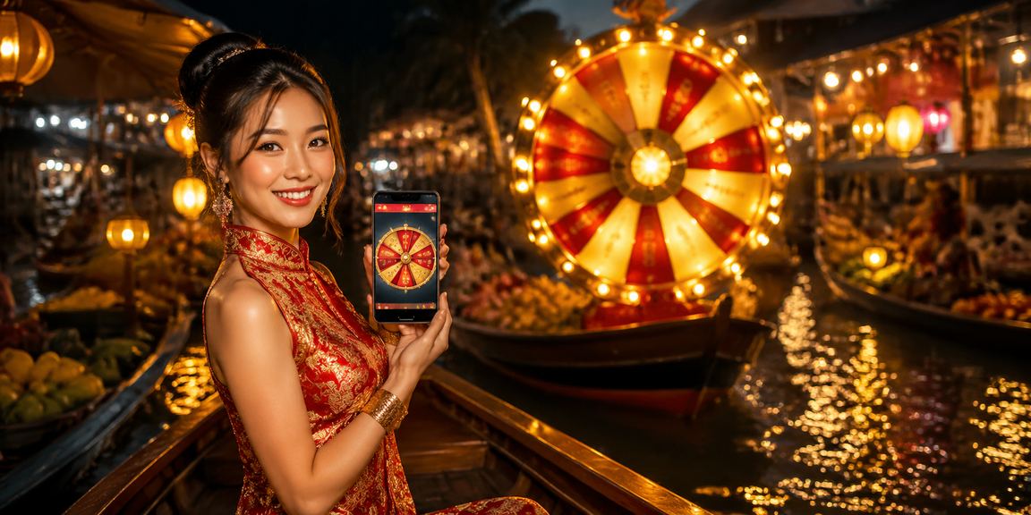 Không khí chợ đêm Mekong và người dùng tham gia vòng quay may mắn trực tuyến